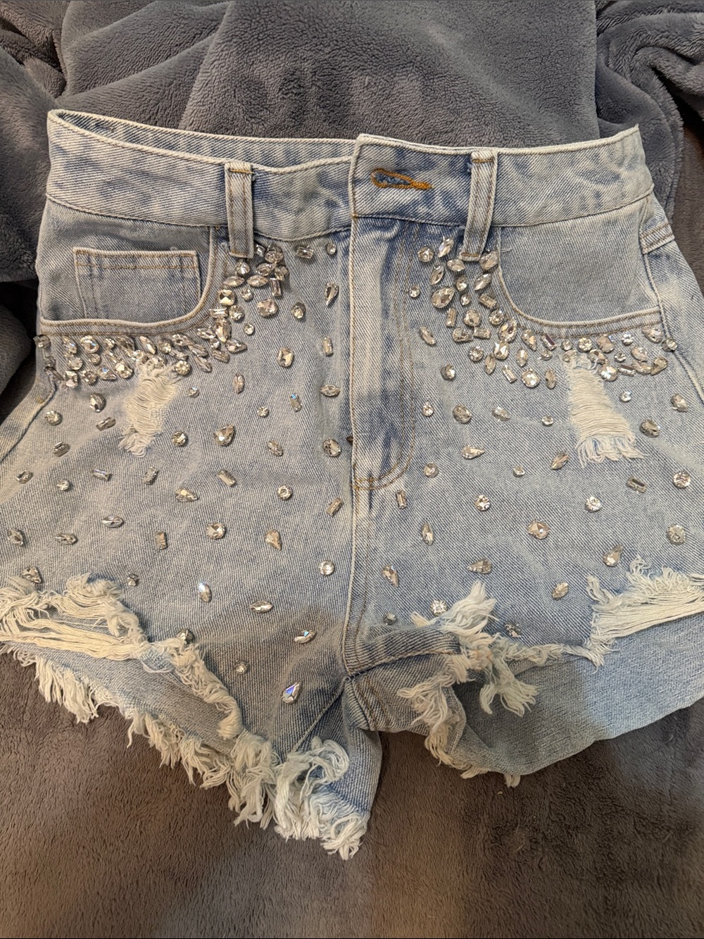Crystal Embellished Light Wash Denim Shorts